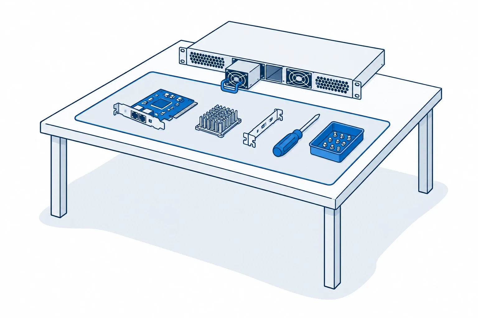 Assembly: a power supply fitted into a switch chassis, with an adapter card, a heatsink, a bracket, a screwdriver and a tray of screws laid out on a bench.