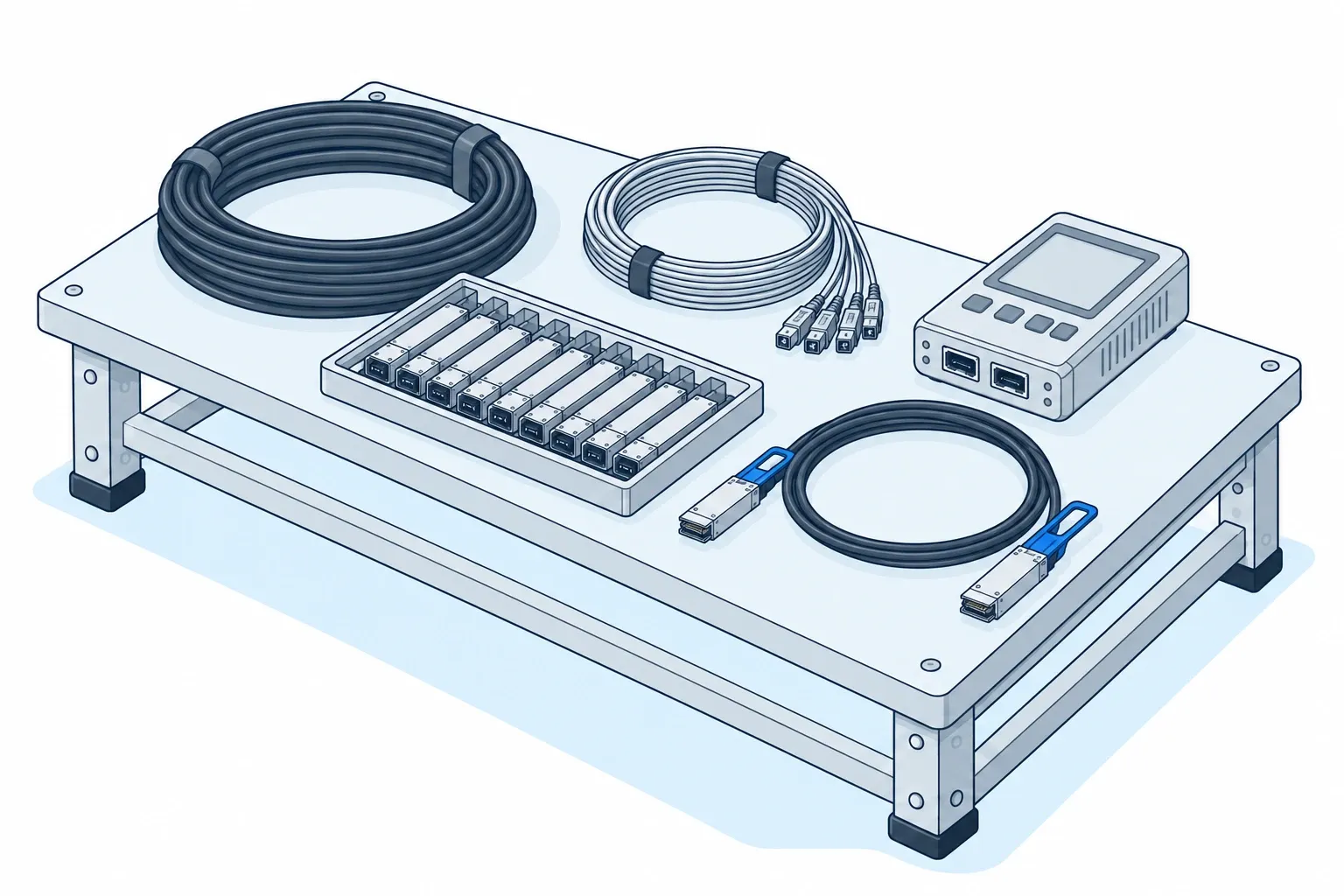 Cables: coiled copper and fiber cables, a tray of transceivers, a direct-attach cable and a cable tester on a bench.
