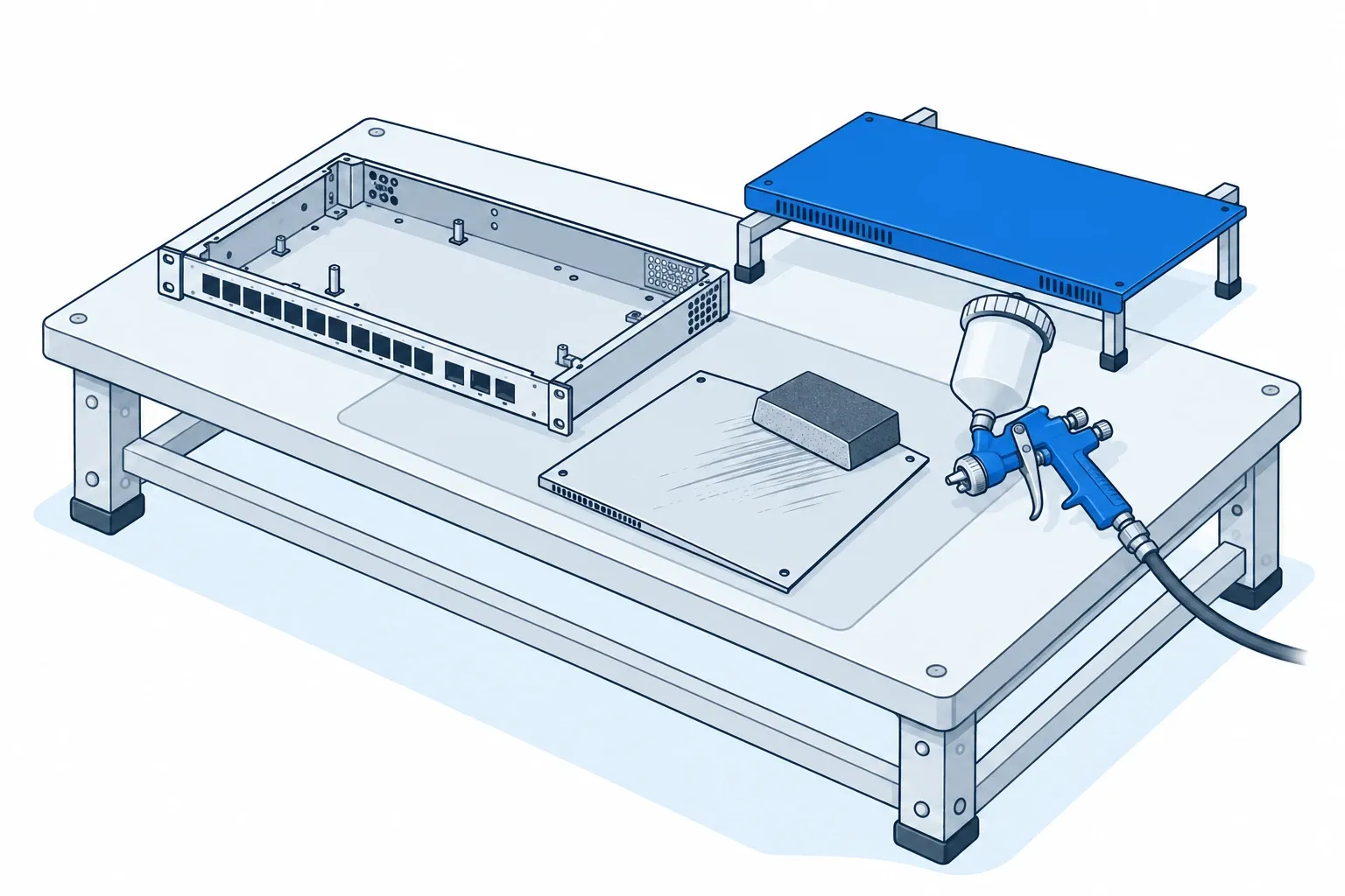 Chassis: an empty switch chassis, a lid being sanded and a freshly painted lid beside a spray gun.