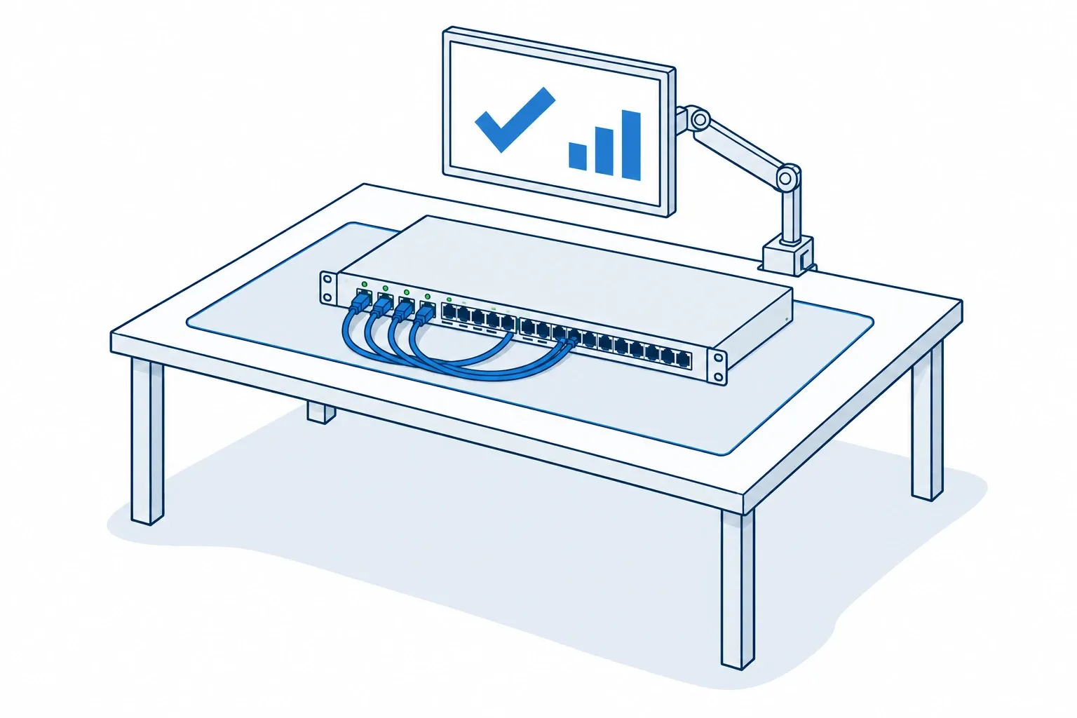 Final test: a switch with cables looped between its ports, and a monitor showing a check mark and signal bars.