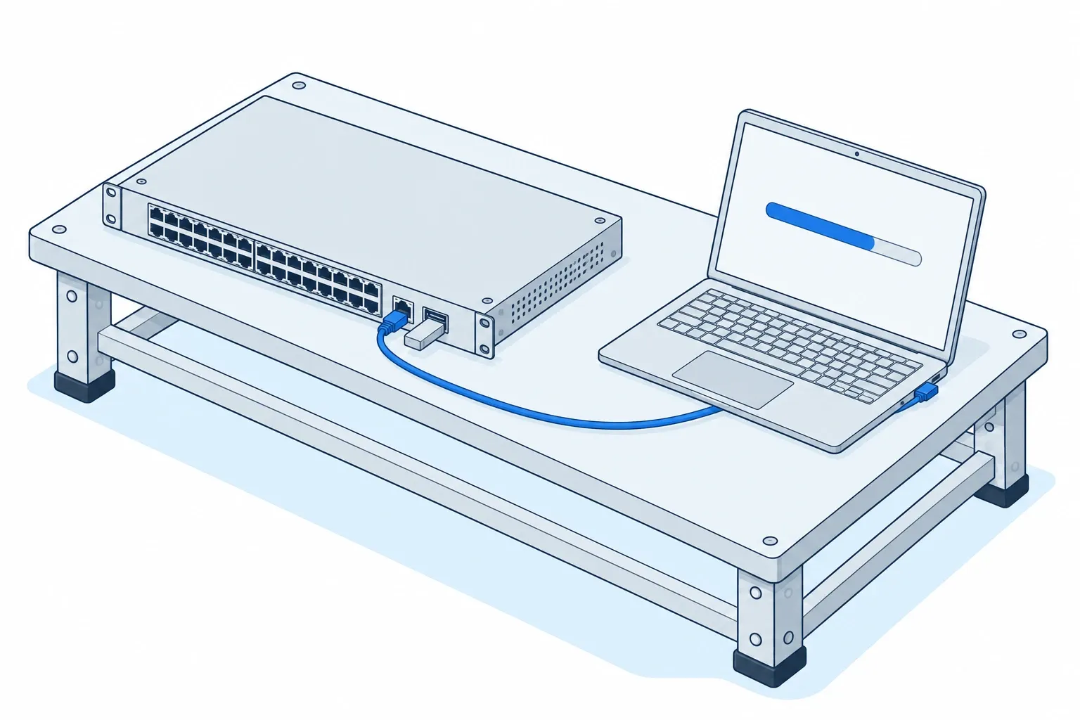 Firmware and OS: a switch connected to a laptop showing a progress bar.