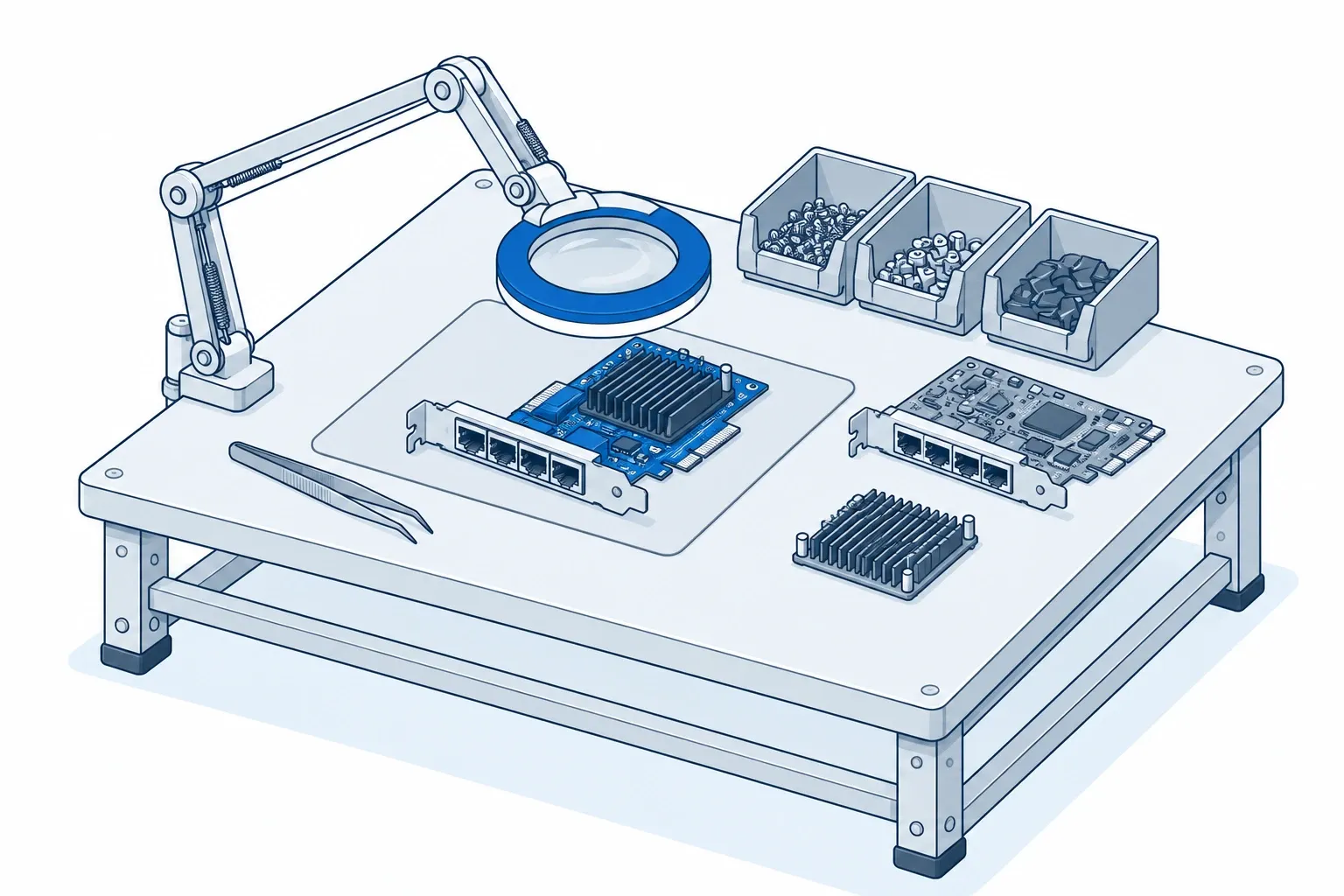 Inspection: network cards under a magnifier lamp on a bench, with tweezers, a heatsink and bins of recovered components.