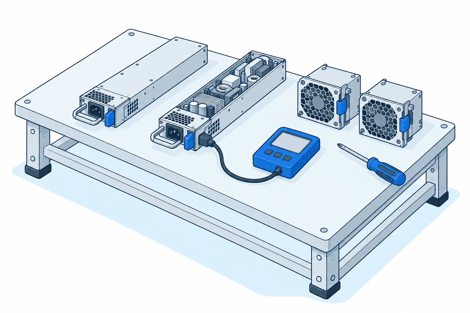 Power supplies and fans: two power supply units, one open and connected to a tester, beside two fan modules and a screwdriver.
