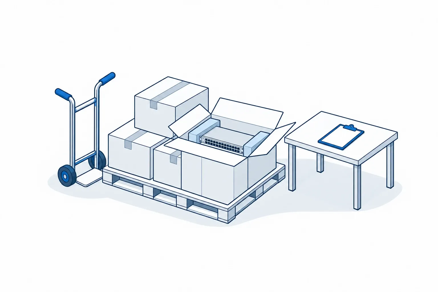 Receiving: a hand truck and a pallet of boxes, one open with a network switch inside, beside a table with a clipboard.