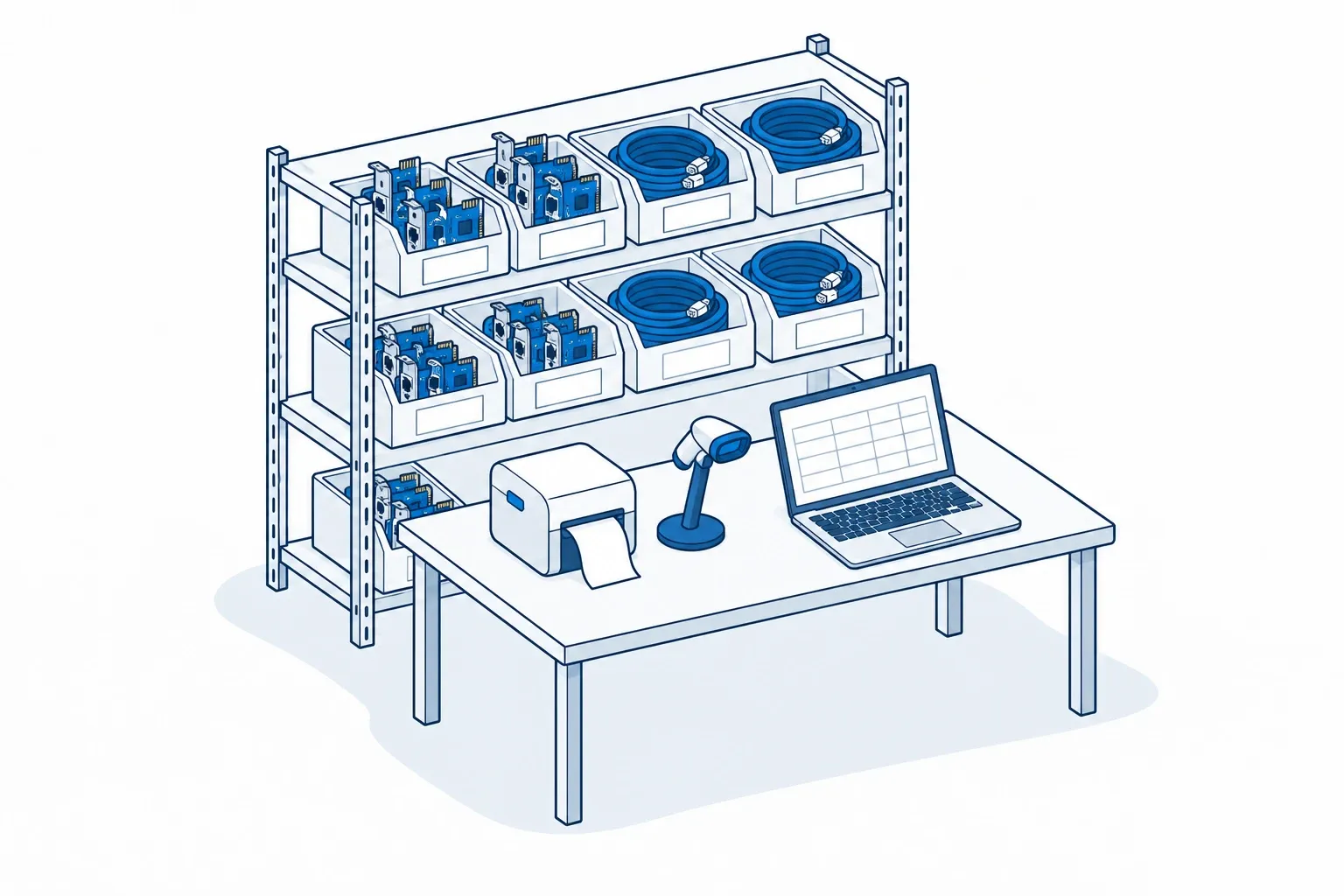 Sort and catalogue: shelving with labelled bins of network cards and coiled cables, and a bench with a label printer, a barcode scanner and a laptop.