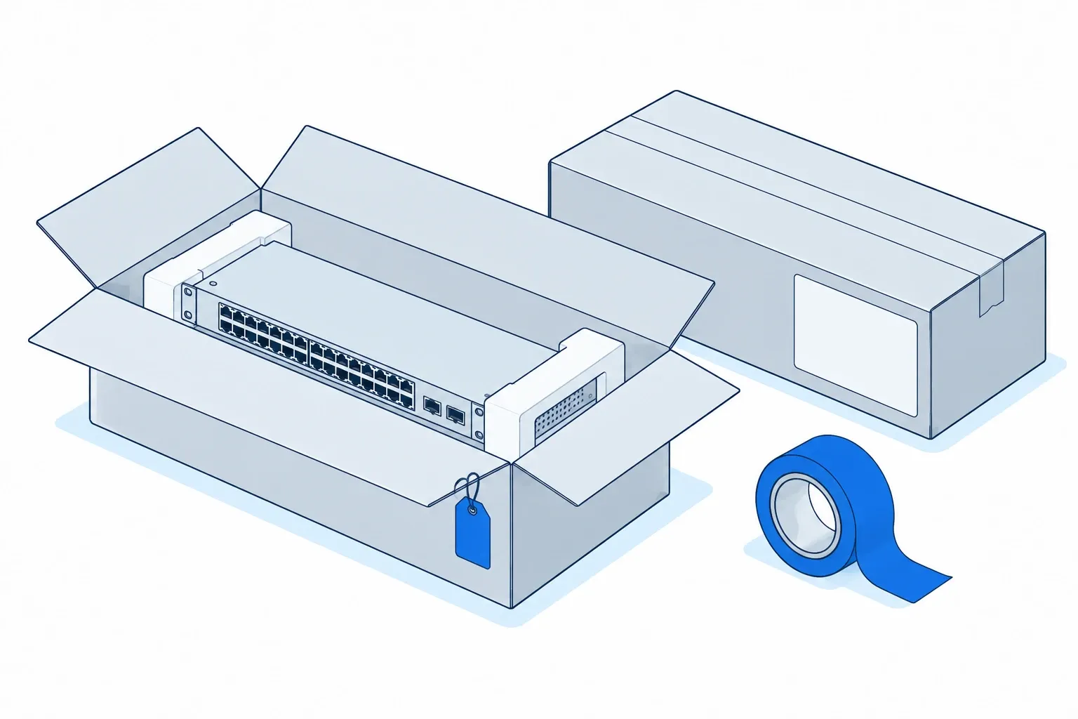 A finished switch packed in a box with foam end caps, a sealed box with a blank shipping label, and a roll of tape.